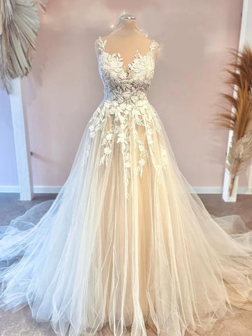 Runhufu Backless A-Line Wedding Dresses Applique Tulle Bride Dresses Sheer Scoop Neck Long Dresses Women 2025 Robe De Mari¨¦e
